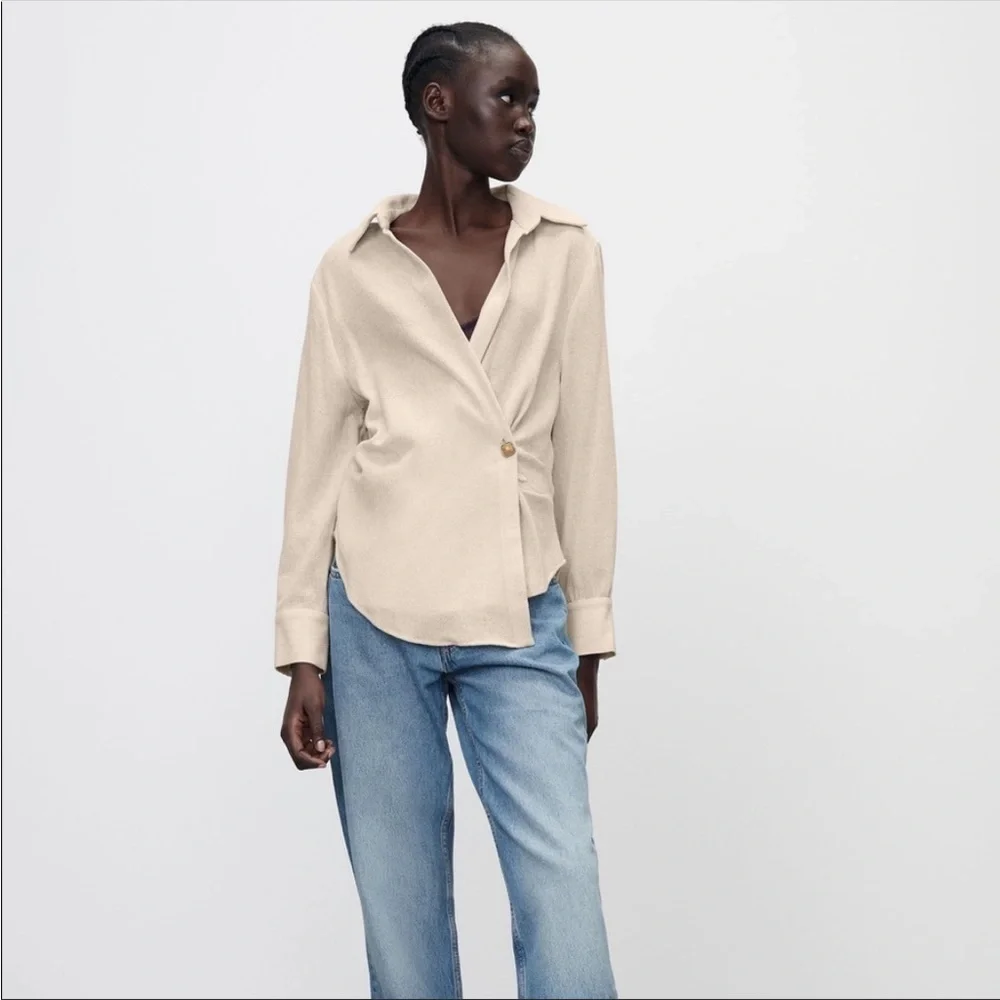 Zara Wool Blend Wrap Long Sleeve Side button Top Size S - Picture 6 of 15